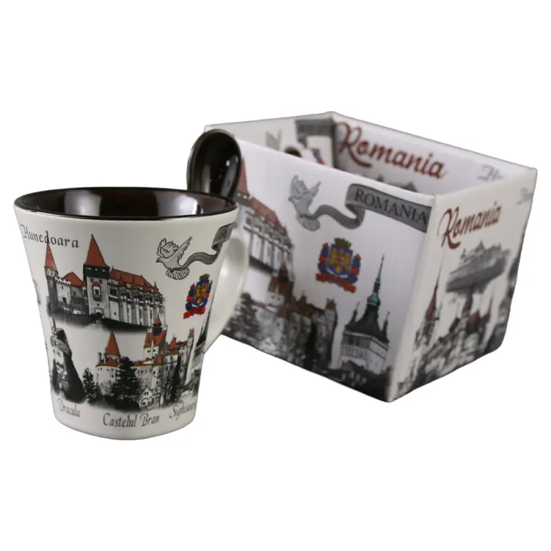 Cana din ceramica suvenir cu lingurita maro, castele romania, 90 ml, cu cutie decorativa, model 382351