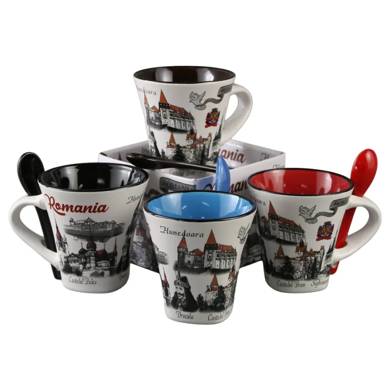Cana din ceramica suvenir cu lingurita negru, castele romania, 90 ml, cu cutie decorativa, model 382351