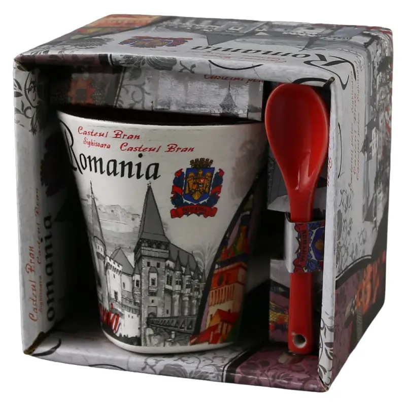 Cana din ceramica suvenir cu lingurita negru, stema romania, 90 ml, cu cutie decorativa