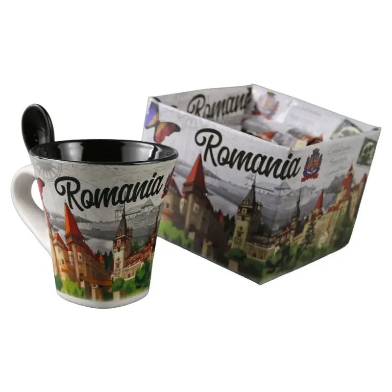 Cana din ceramica suvenir cu lingurita neagra, castele romania, 90 ml, cu cutie decorativa