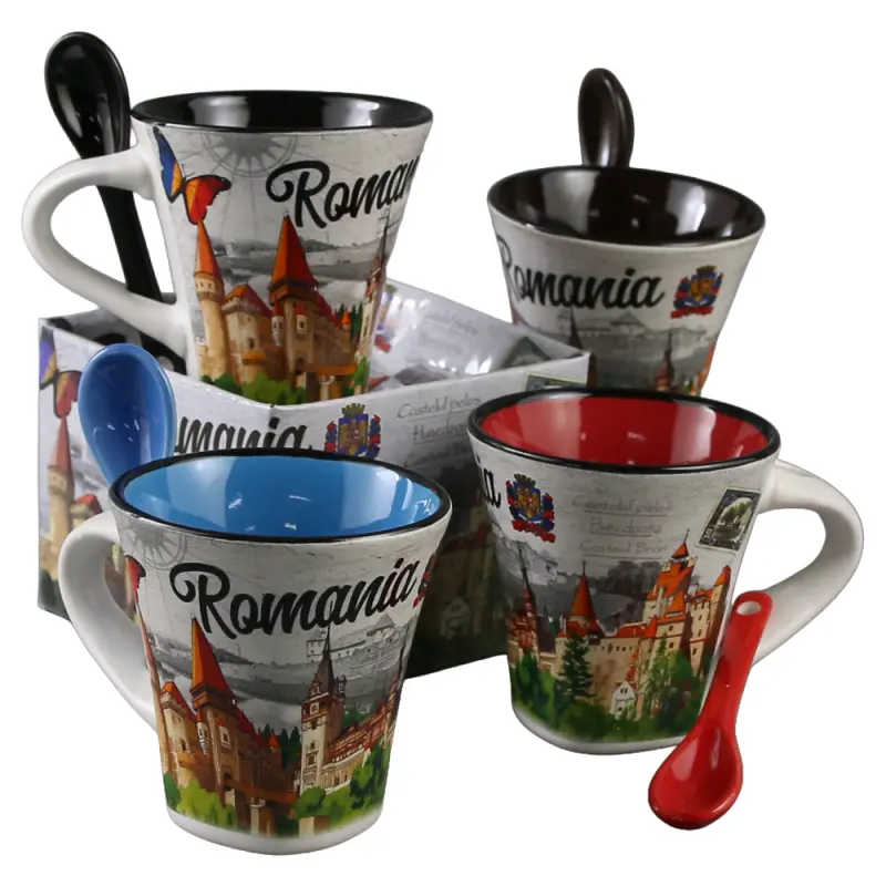 Cana din ceramica suvenir cu lingurita rosie, castele romania, 90 ml, cu cutie decorativa