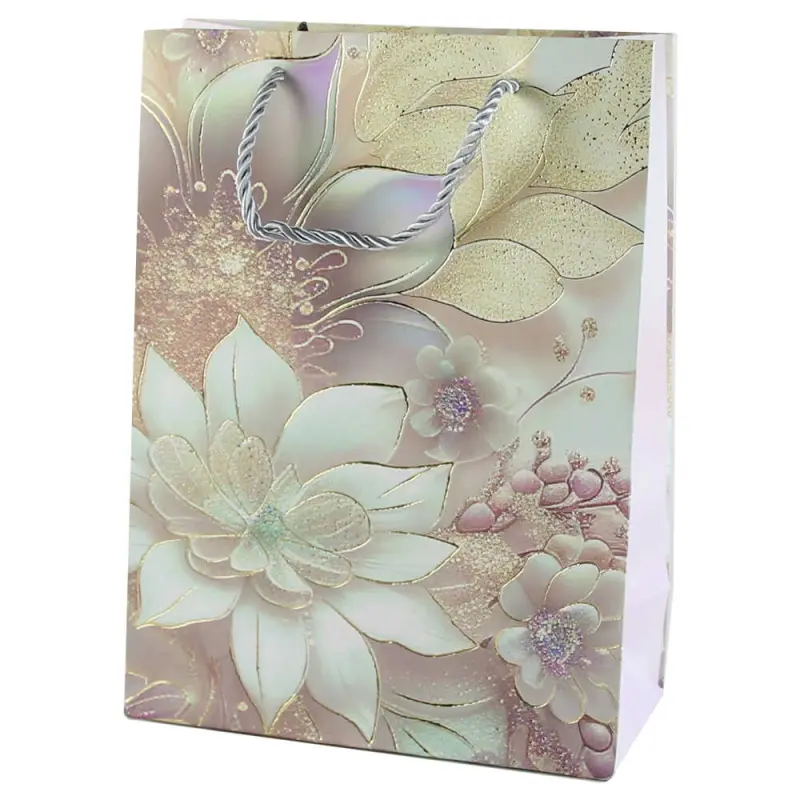 Punga cadou 18×24 cm, flori cu sclipici