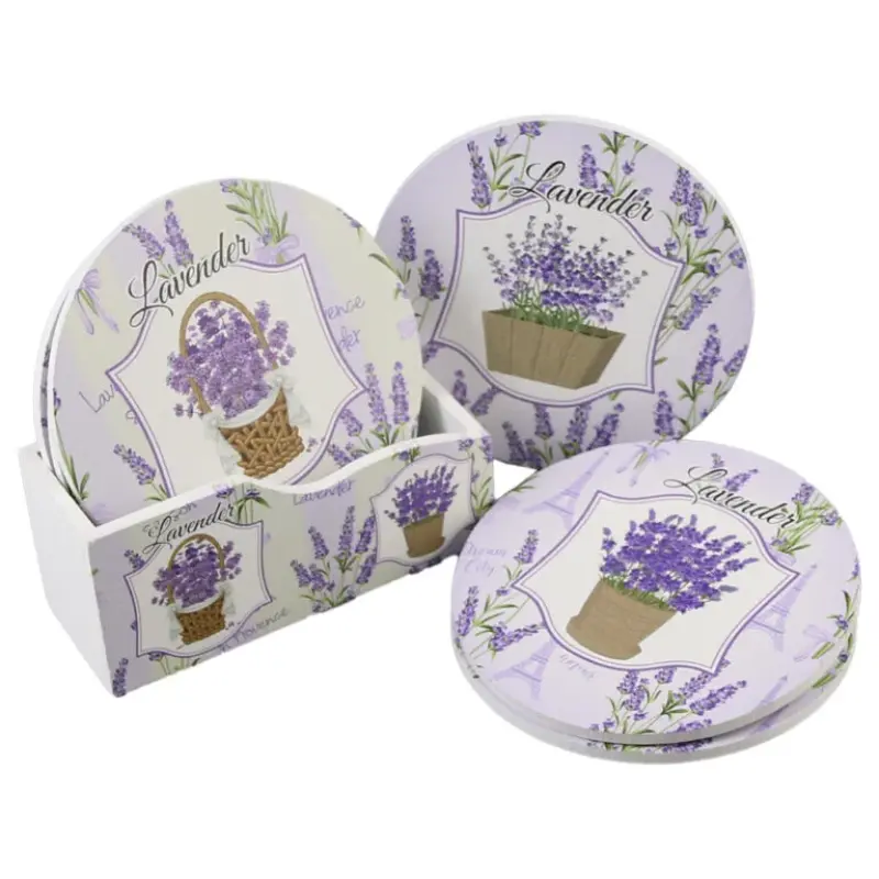 Set 6 suporturi pentru pahare din lemn, 10.5 cm, cu suport, lavender