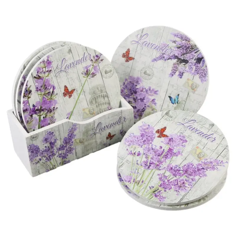 Set 6 suporturi pentru pahare din lemn, 10.5 cm, cu suport, lavender & fluture