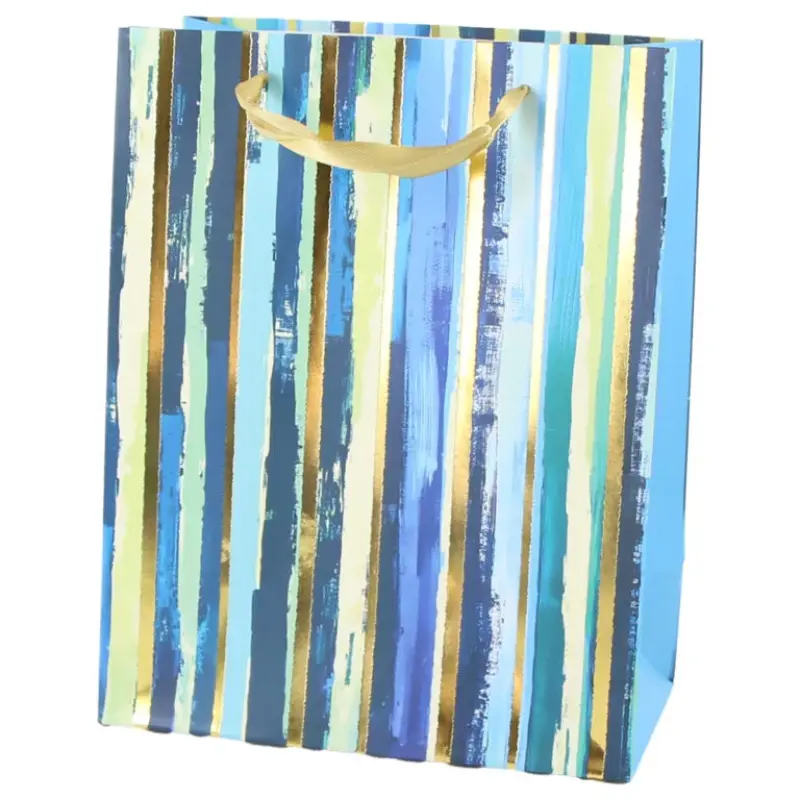 Punga cadou din hartie 18×23 cm, dungi, albastru & auriu