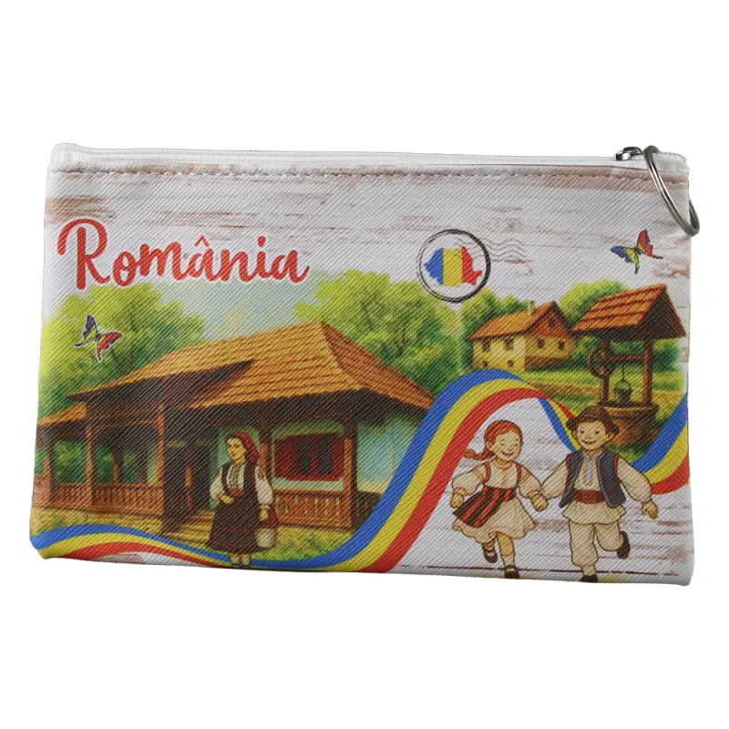 Breloc tip gentuta suvenir romania cu fermoar si breloc 17 x 10.5 cm copii si femeie in port traditional