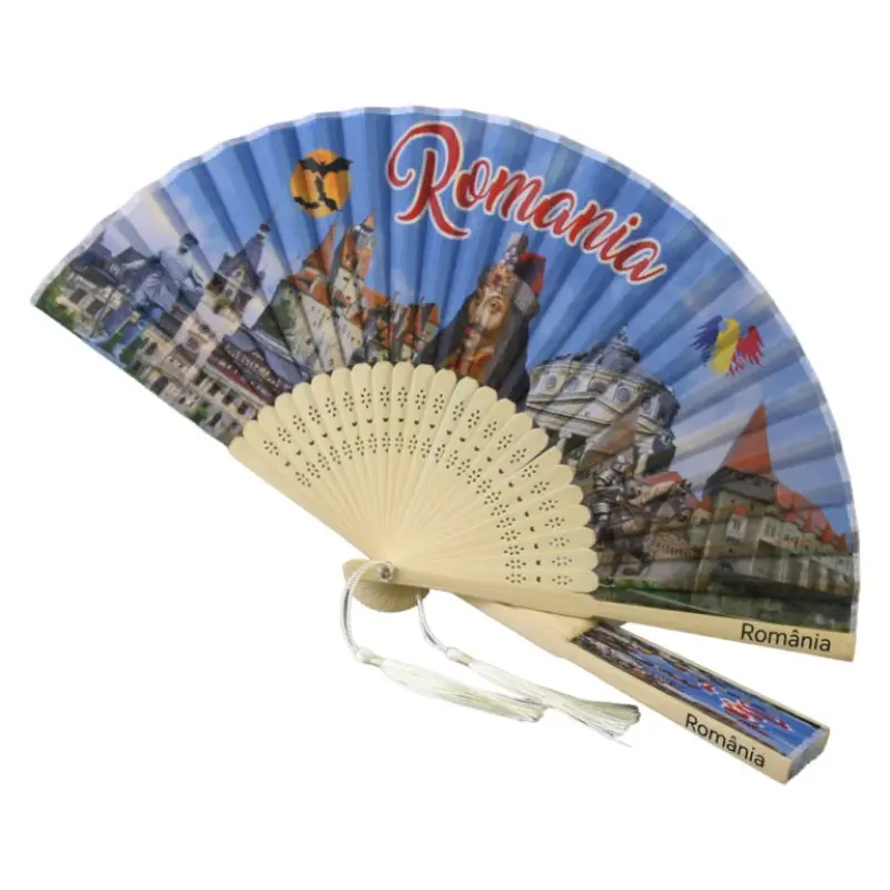Evantai suvenir romania cu franjuri din bambus si poliester 21 cm