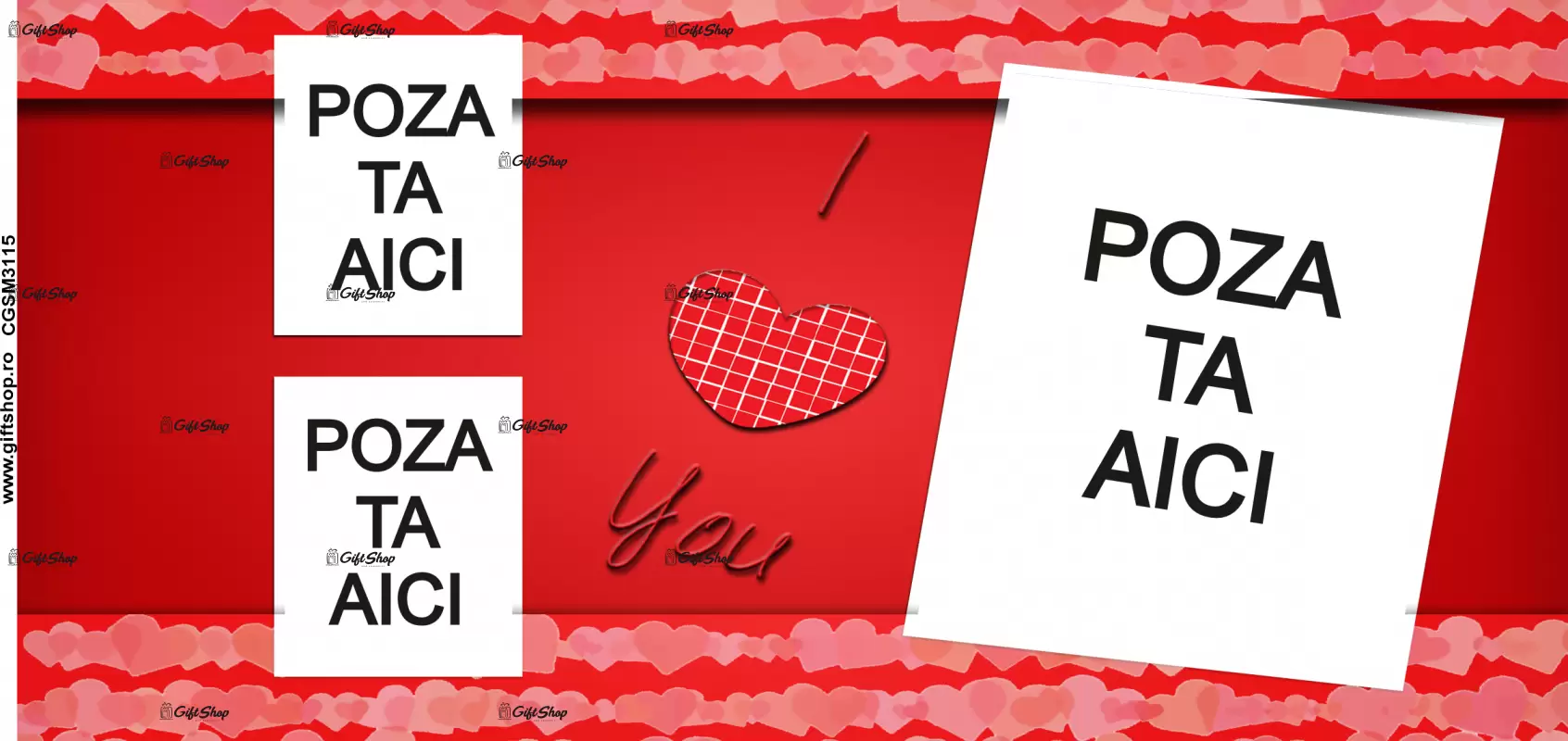 Cana, personalizata cu  3 poze si 1 text, 330ml, model 3115