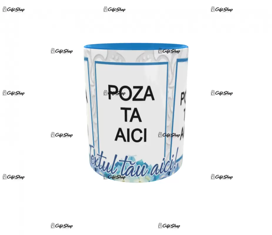 Cana personalizata gift shop cu 3 poze si 1 text, din ceramica, 330ml, model 3250