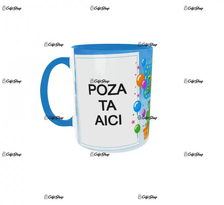 Happy birthday, cana personalizata cu 2 poze si text, 330ml, model 3261
