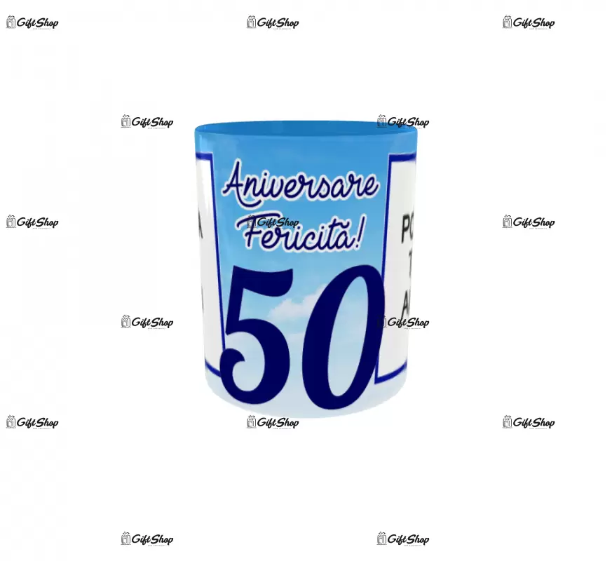 Aniversare fericita 50, cana personalizata cu 2 poze si text, 330ml, model 3267