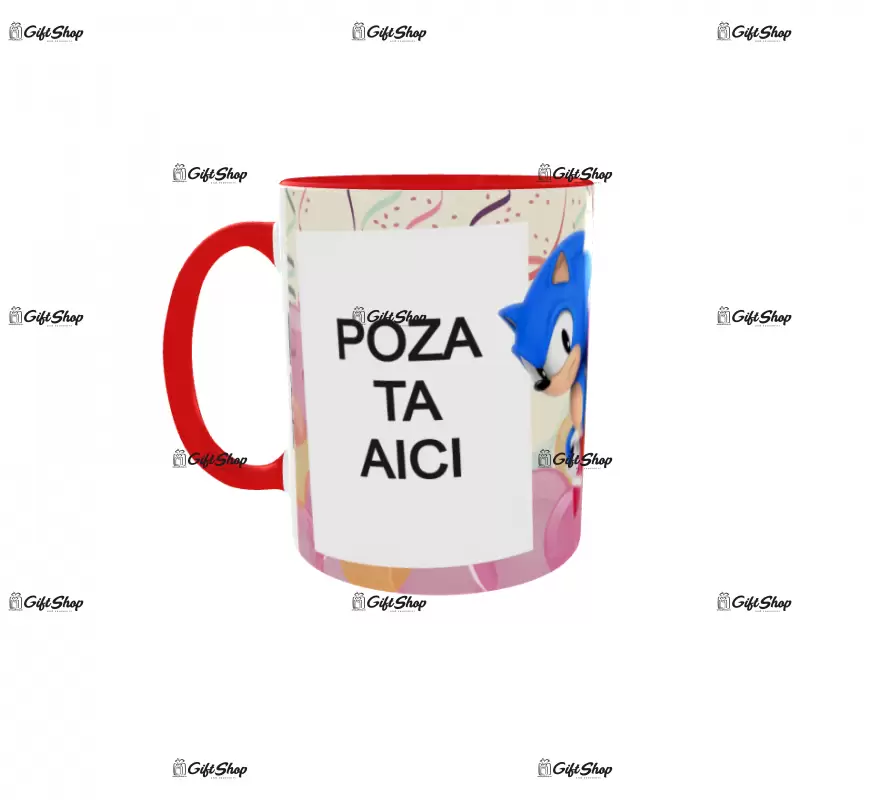 Sonic, cana personalizata cu 2 poze si text, 330ml, model 3284