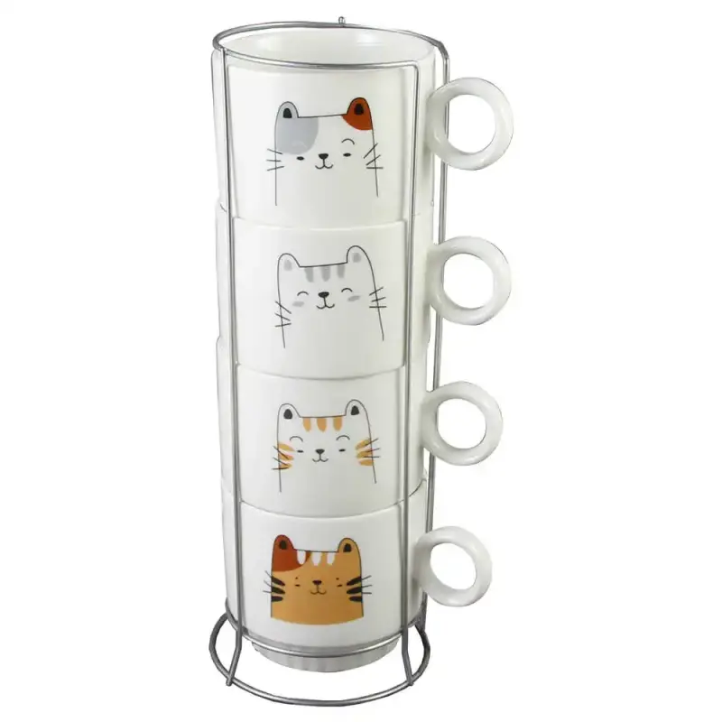 Set 4 cesti din ceramica cu suport metalic, 250 ml, pisici