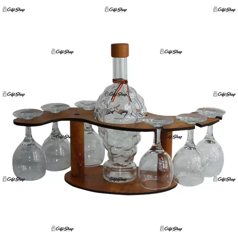 Suport lemn cu sticla si cu pahare cu talpa, design raft ondulat.