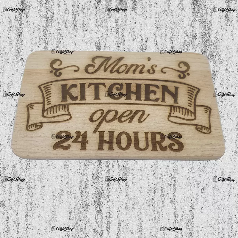 Mom`s kitchen open 24 hours, blat din lemn cu mesaj