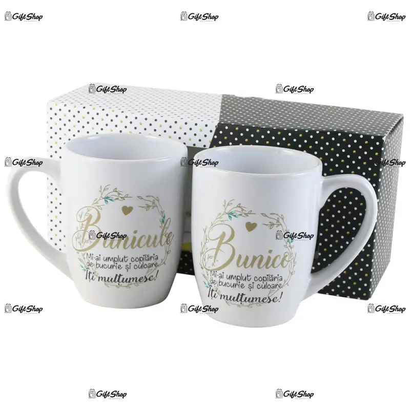 Set 2 cani din ceramica „bunico/bunicule” 300 ml, in cutie decorativa