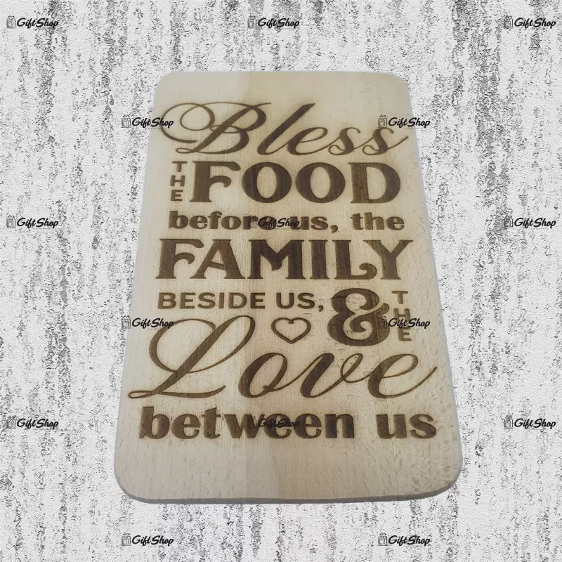 Bless the food..., blat din lemn cu mesaj