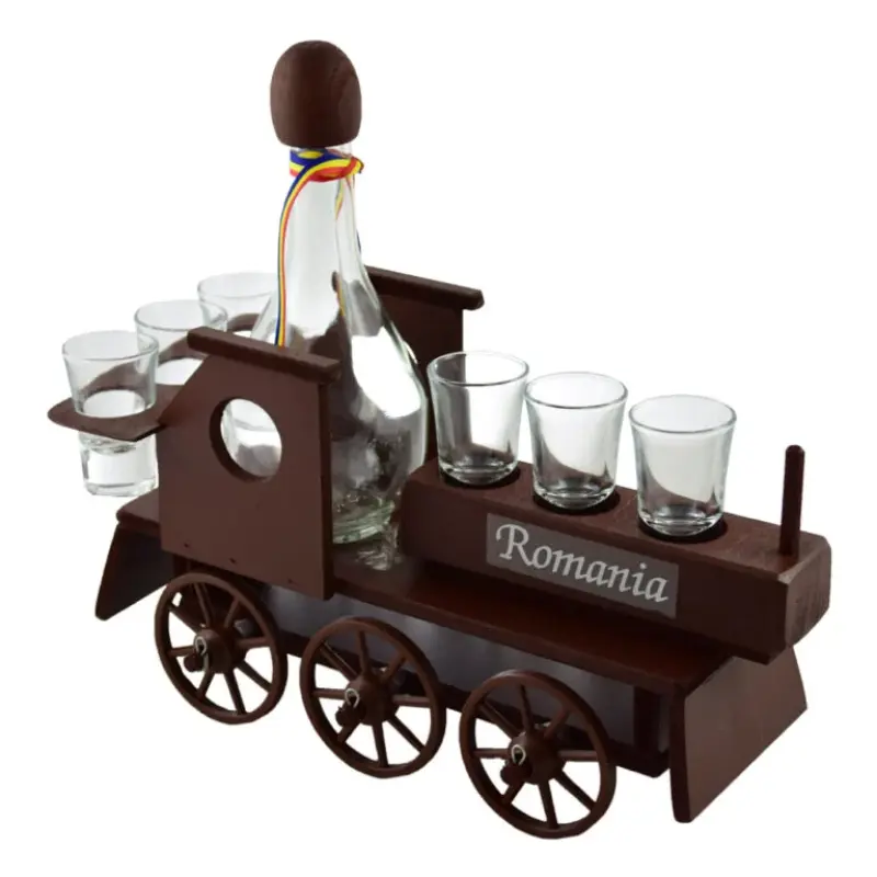 Locomotiva suport din lemn, cu sticla si 6 pahare