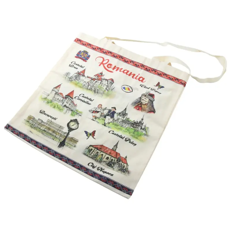 Sacosa textil, suvenir romania, 38 x 41 cm, castele & orase