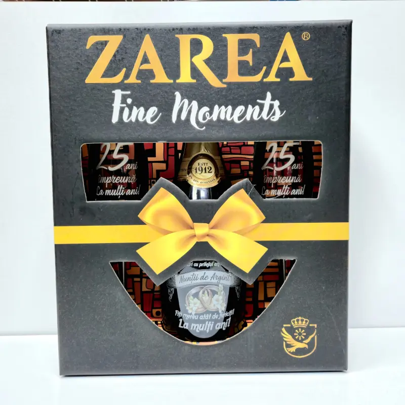 Aniversare 25 ani casatorie, pachet zarea crystal collection, fine moments, demisec 0.75l + 2 pahare, personalizat