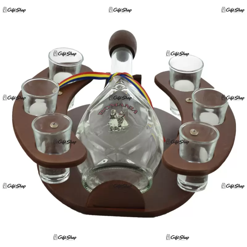 Suport lemn cu sticla si pahare de tuica – minibar