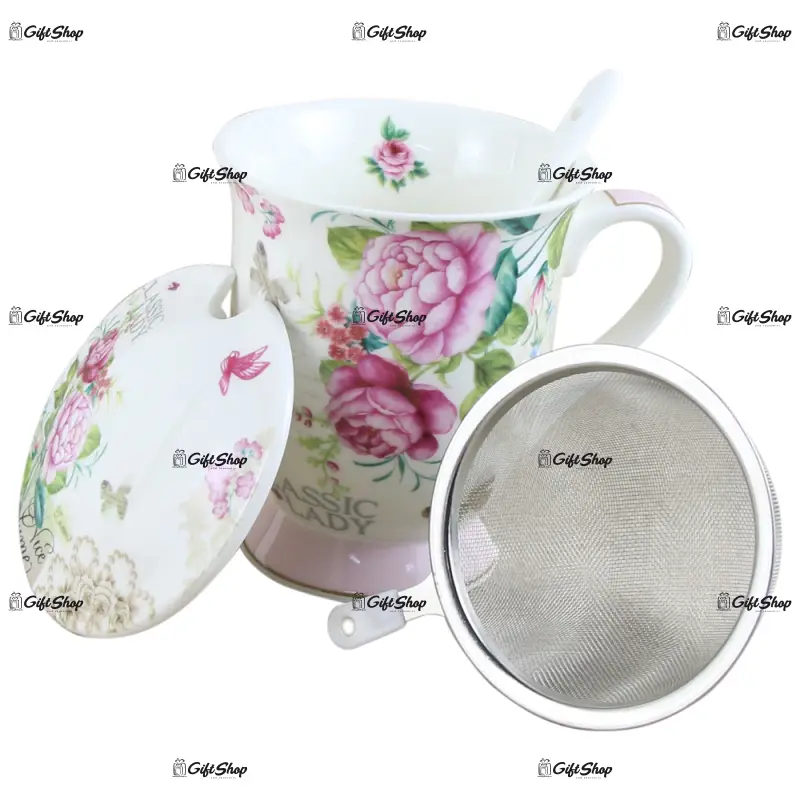 Cana ceramica cu infuzor metalic, capac si lingurita  classic lady