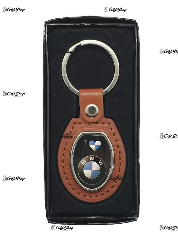 Bmw, breloc din metal cu piele maro 2