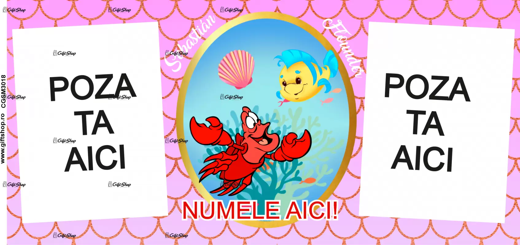 Sebastian si flounder, model 2, cana din ceramica, 330ml, personalizata cu 2 poze si 1 text