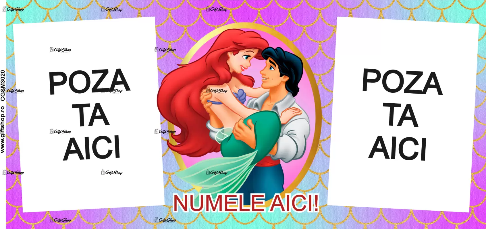 Little mermaid, model 3, cana din ceramica, 330ml, personalizata cu 2 poze si 1 text