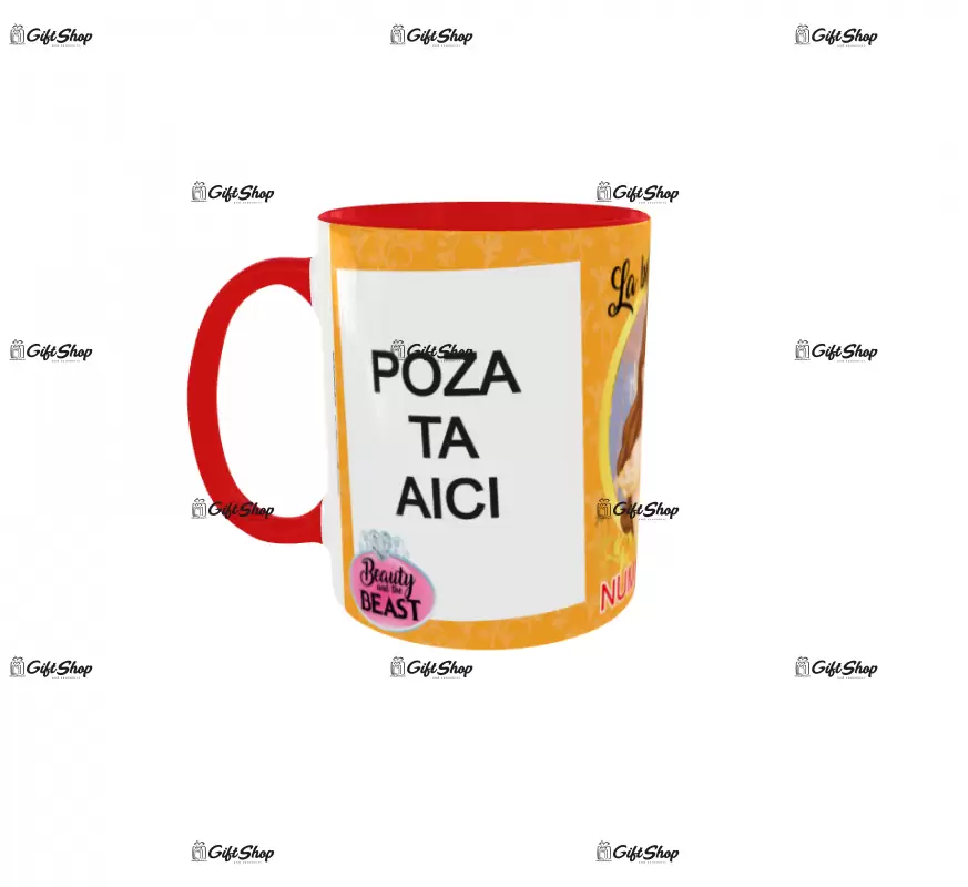 Beauty and the beast, model 10, cana din ceramica, 330ml, personalizata cu 2 poze si 1 text