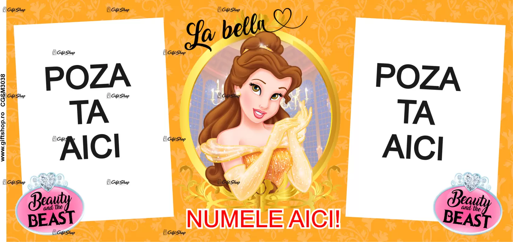 Beauty and the beast, model 10, cana din ceramica, 330ml, personalizata cu 2 poze si 1 text