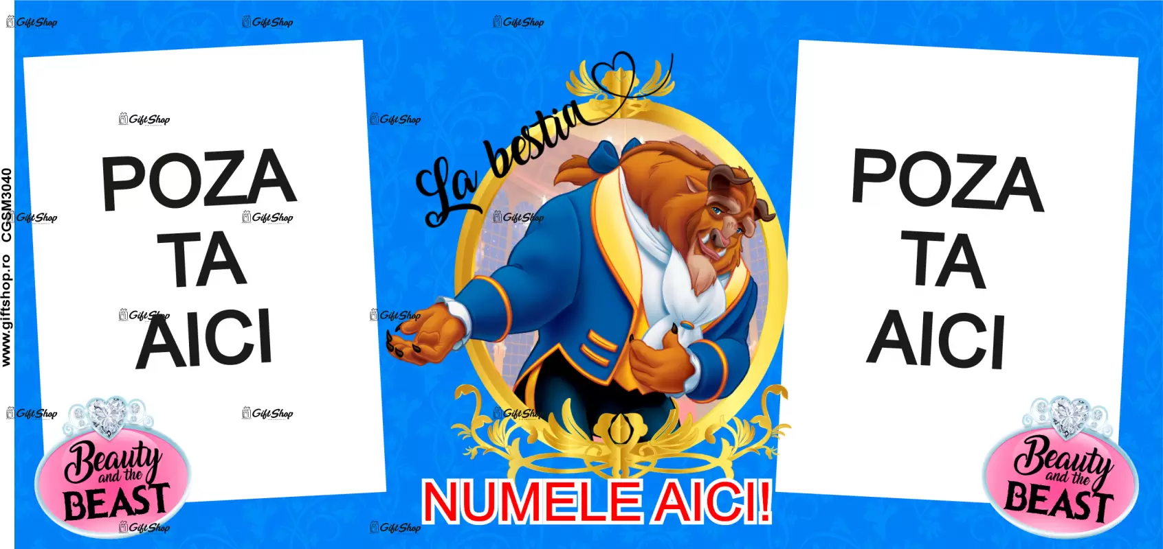 Beauty and the beast, model 12, cana din ceramica, 330ml, personalizata cu 2 poze si 1 text