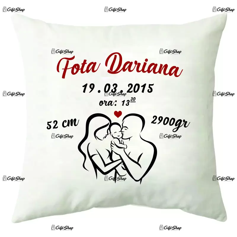 Nume si date de nastere, perna cu mesaj, 40 cm