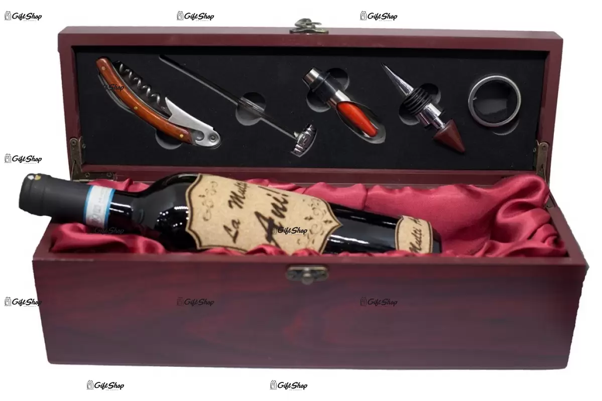 Cutie pentru sticla vin cu 5 acesorii
