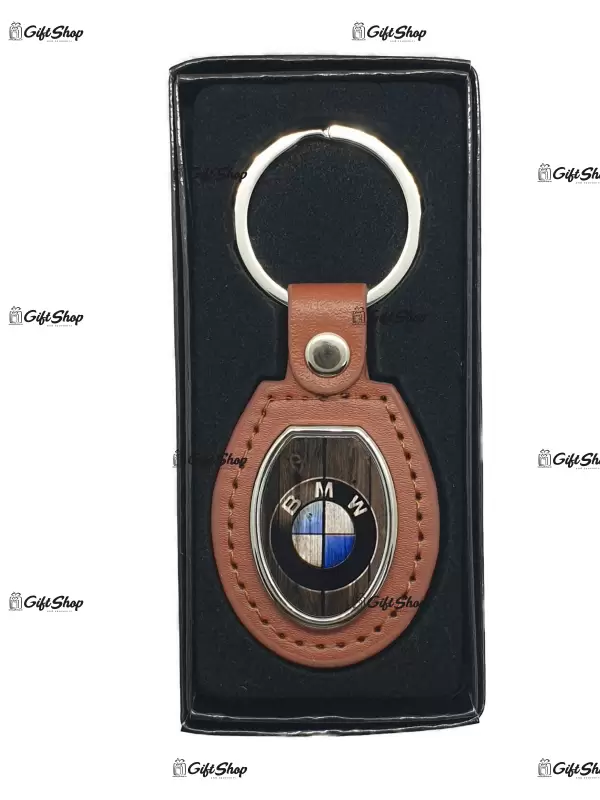 Bmw, breloc din metal cu piele maro