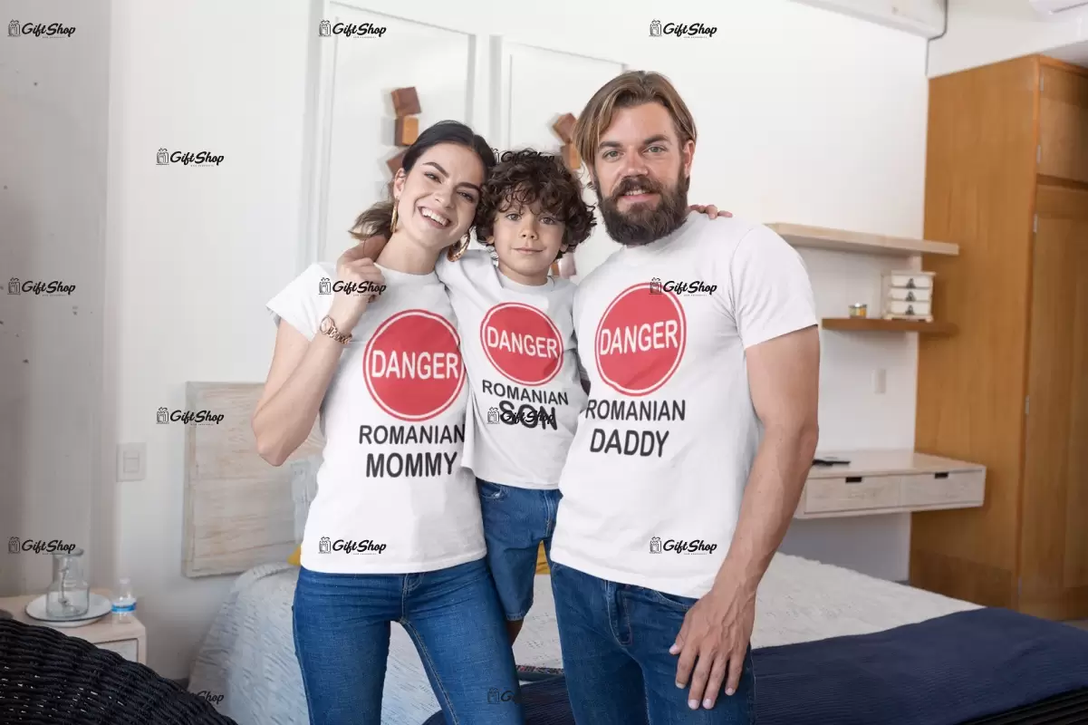 Danger romanian mommy, daddy and son, set 3 tricouri cu mesaje