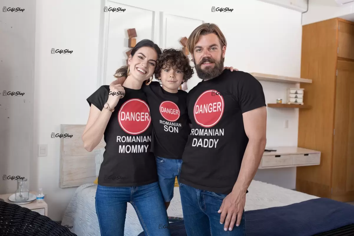 Danger romanian mommy, daddy and son, set 3 tricouri cu mesaje