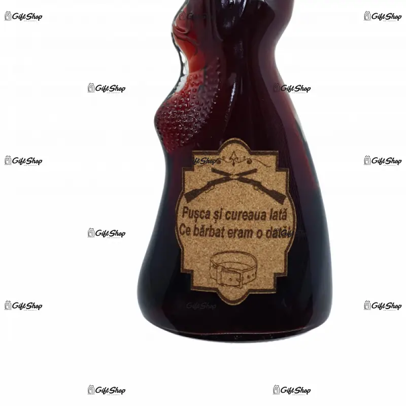 .pusca si cureaua lata, sticla cu vin in forma pusca, cu mesaj