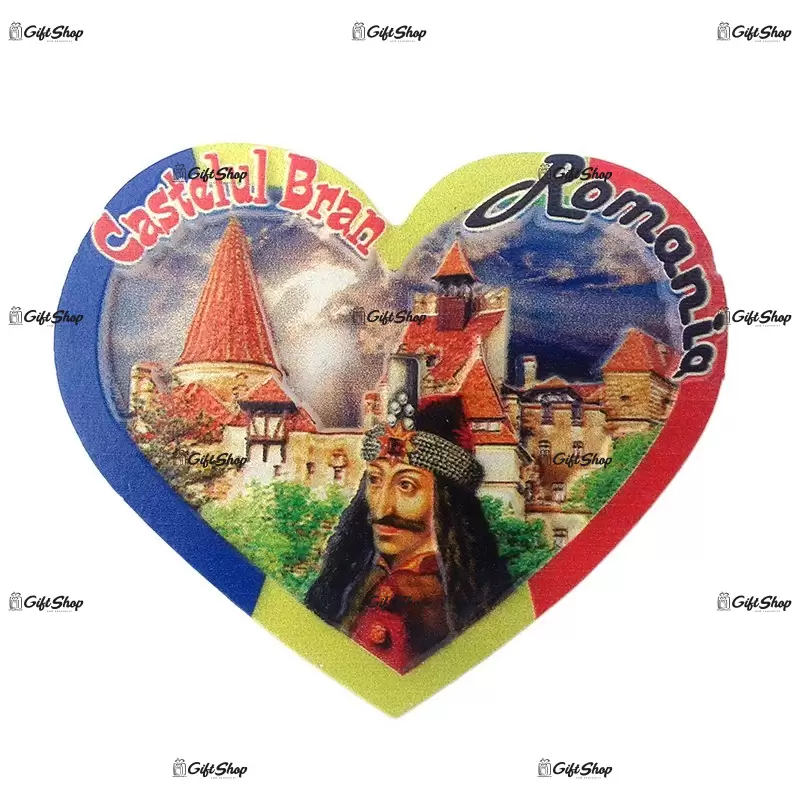 Magnet din rasina in forma de inima cu castelul bran si vlad tepes.