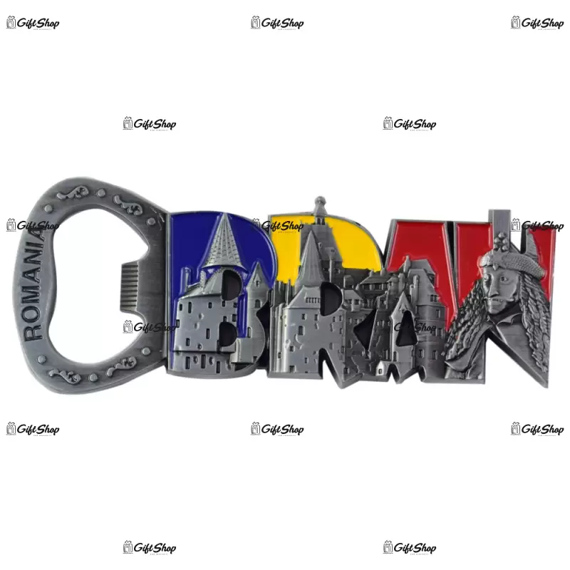 Magnet pentru frigider realizat din metal cu desfacator de sticle – design castelul bran