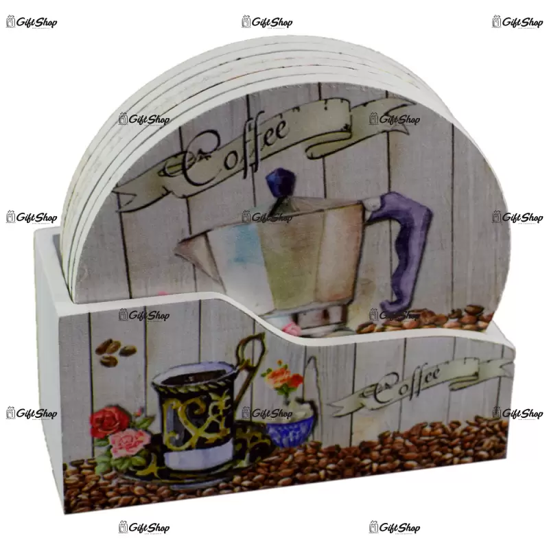 Set 6 suporturi cu carcasa pentru pahare – design coffee b