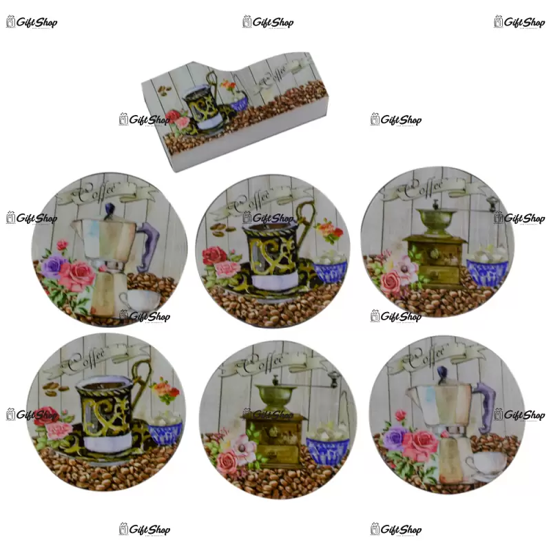 Set 6 suporturi cu carcasa pentru pahare – design coffee b