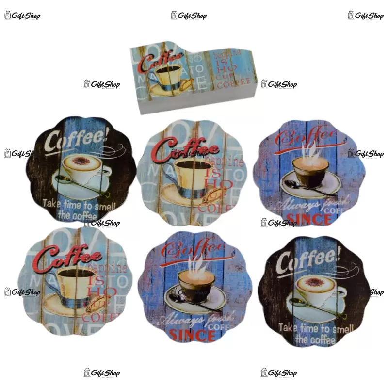 Set 6 suporturi cu carcasa pentru pahare – design coffee