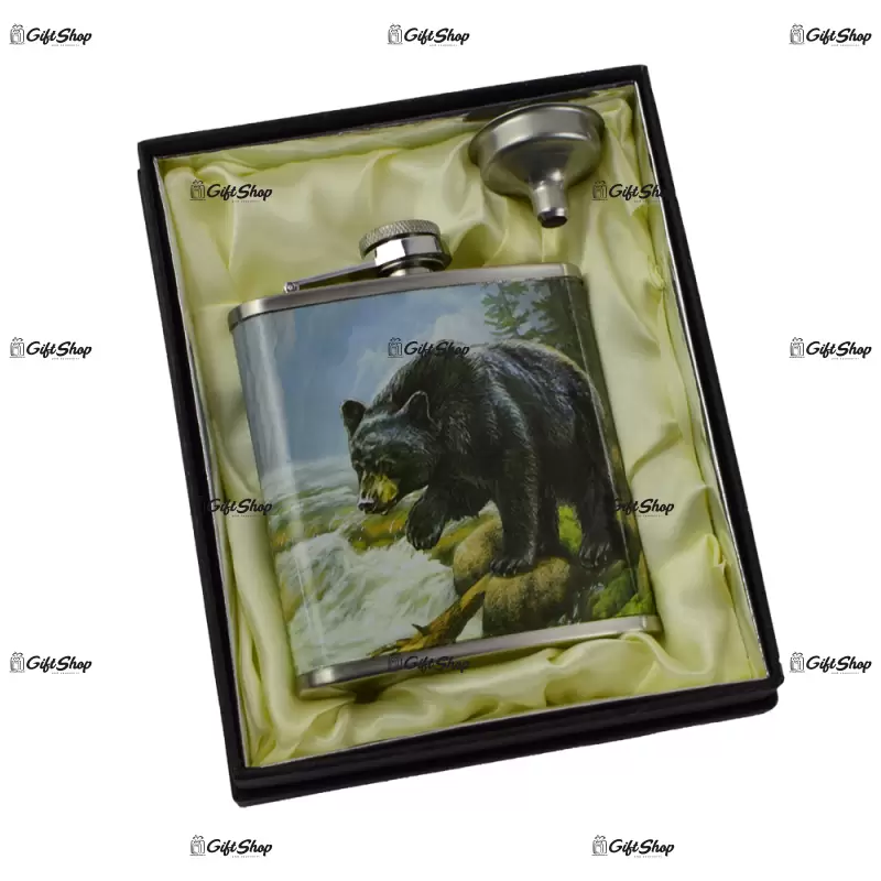 Set cadou pentru barbati, plosca cu palnie, design cu urs