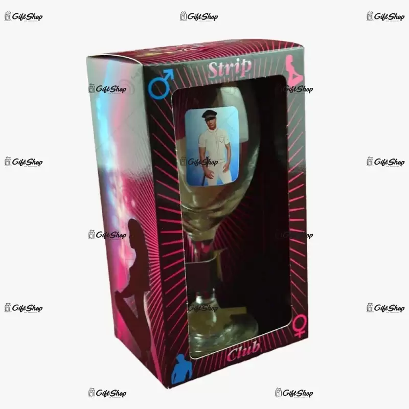 Pahar de vin cu imagine de barbat termic in cutie decorativa a