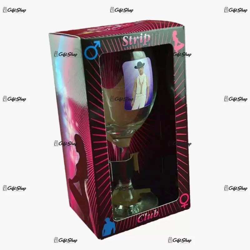 Pahar de vin cu imagine de barbat termic in cutie decorativa e