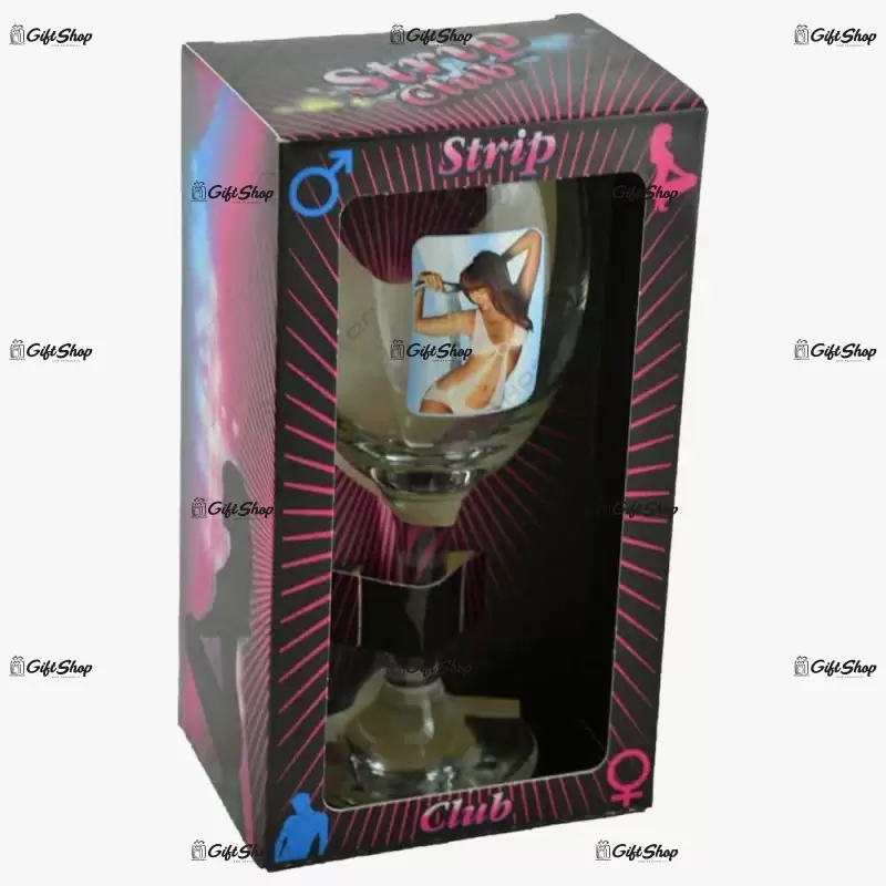 Pahar de vin cu imagine de femeie termica in cutie decorativa – strip club b
