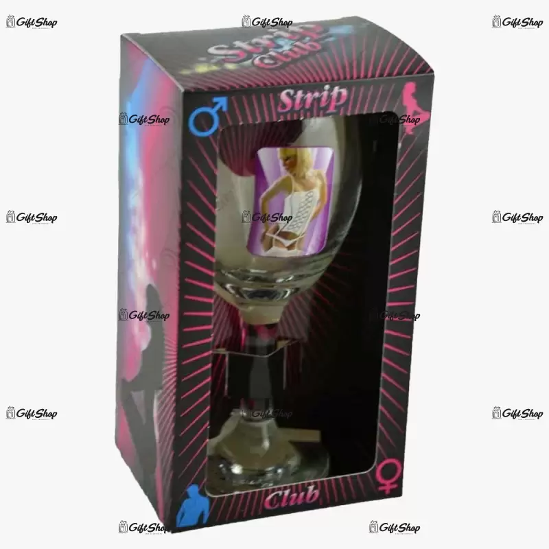 Pahar de vin cu imagine de femeie termica in cutie decorativa – strip club c
