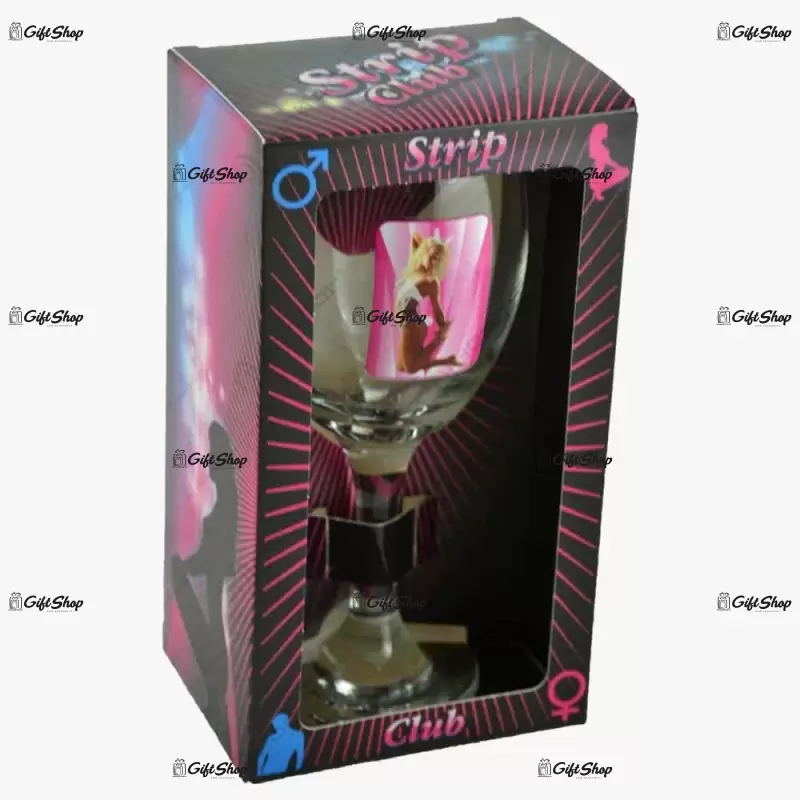 Pahar de vin cu imagine de femeie termica in cutie decorativa – strip club d