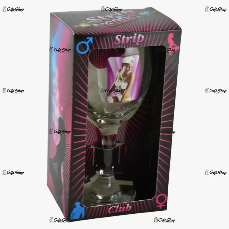 Pahar de vin cu imagine de femeie termica in cutie decorativa – strip club e
